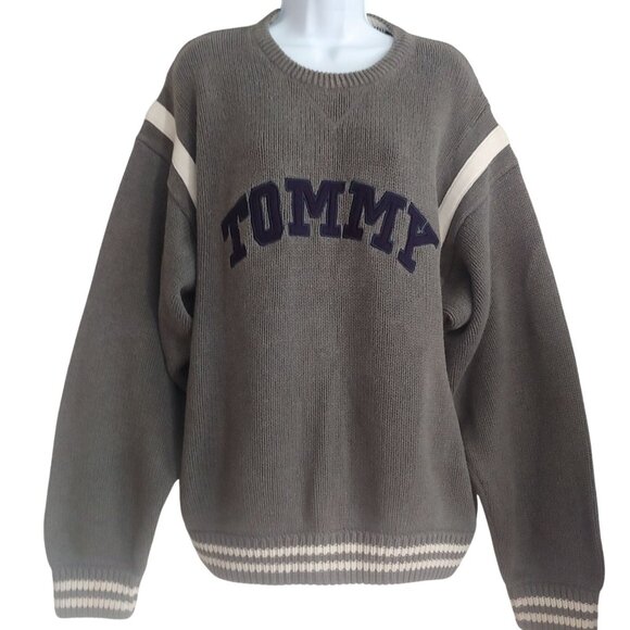Tommy Hilfiger Thick Woven Crew Neck Large F/Back Logo Blue/Grey Mens XL Preppy - Picture 1 of 12